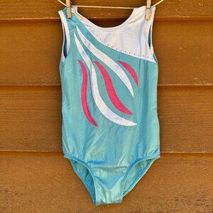 Girls Gymnastics Leotard Size 8 Turquoise Pink White Sparkle Design Stretchy Fab
